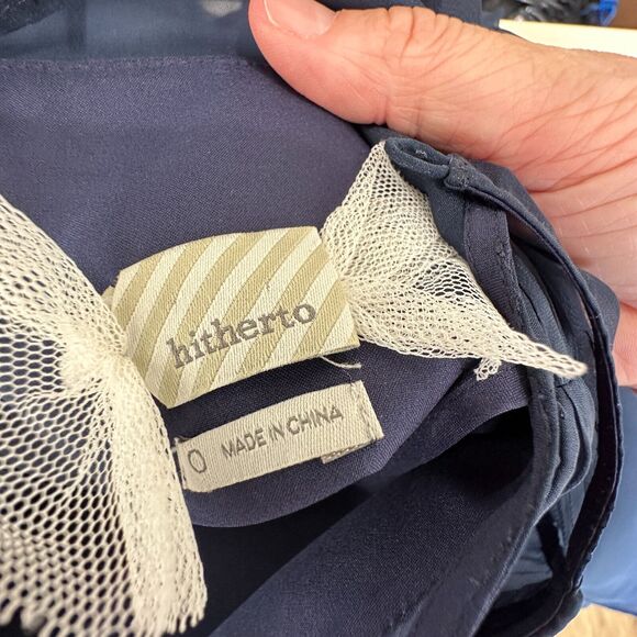 Hitherto Daylily Navy Sheer Shoulder Sleeveless Dress Ruched Side & Back Waist 0 - Picture 11 of 16